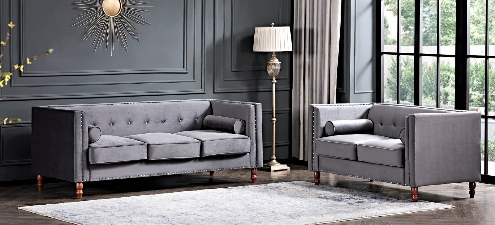 Contemporary Nailhead Silver Sofas