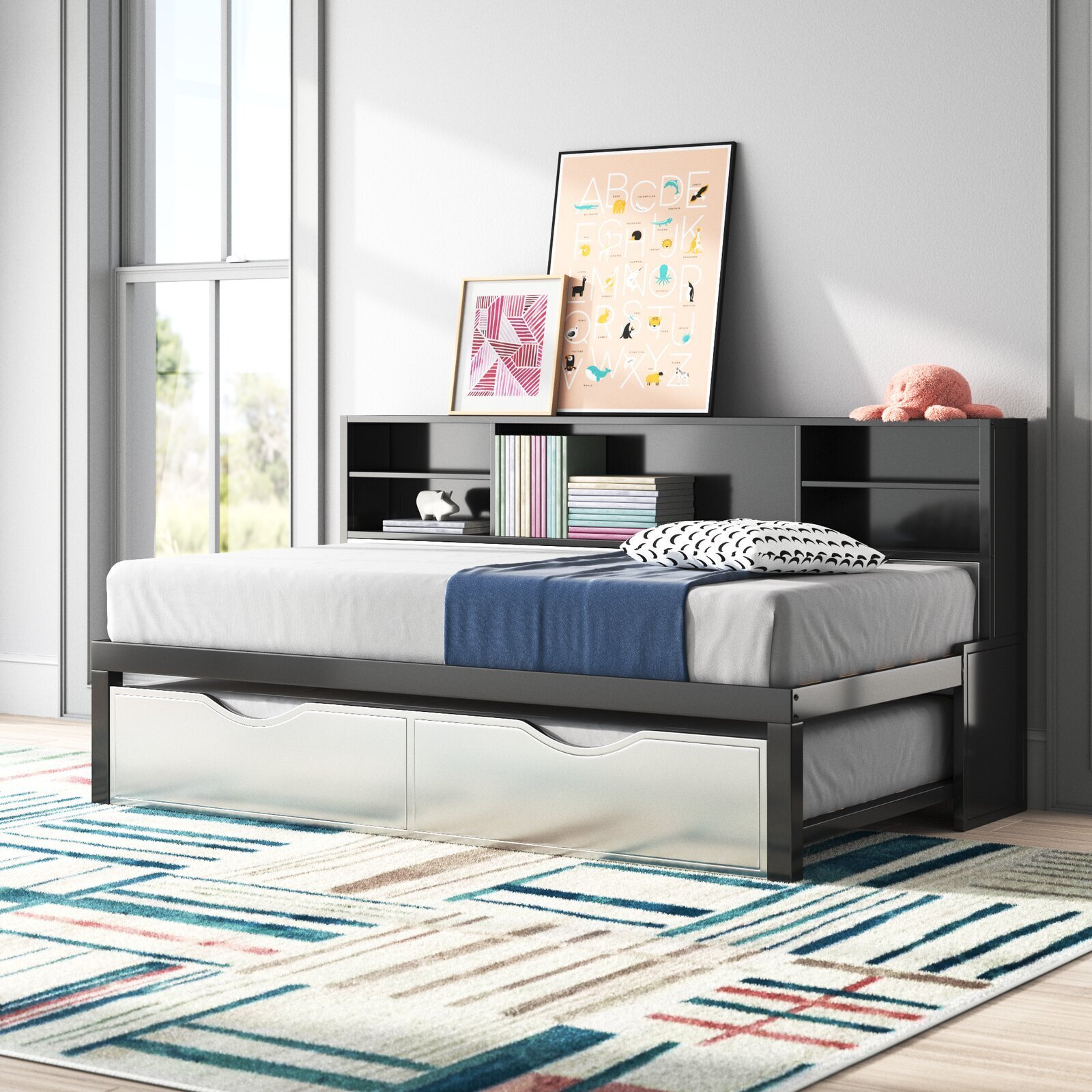 Contemporary Twin Trundle Bed With Bookcase