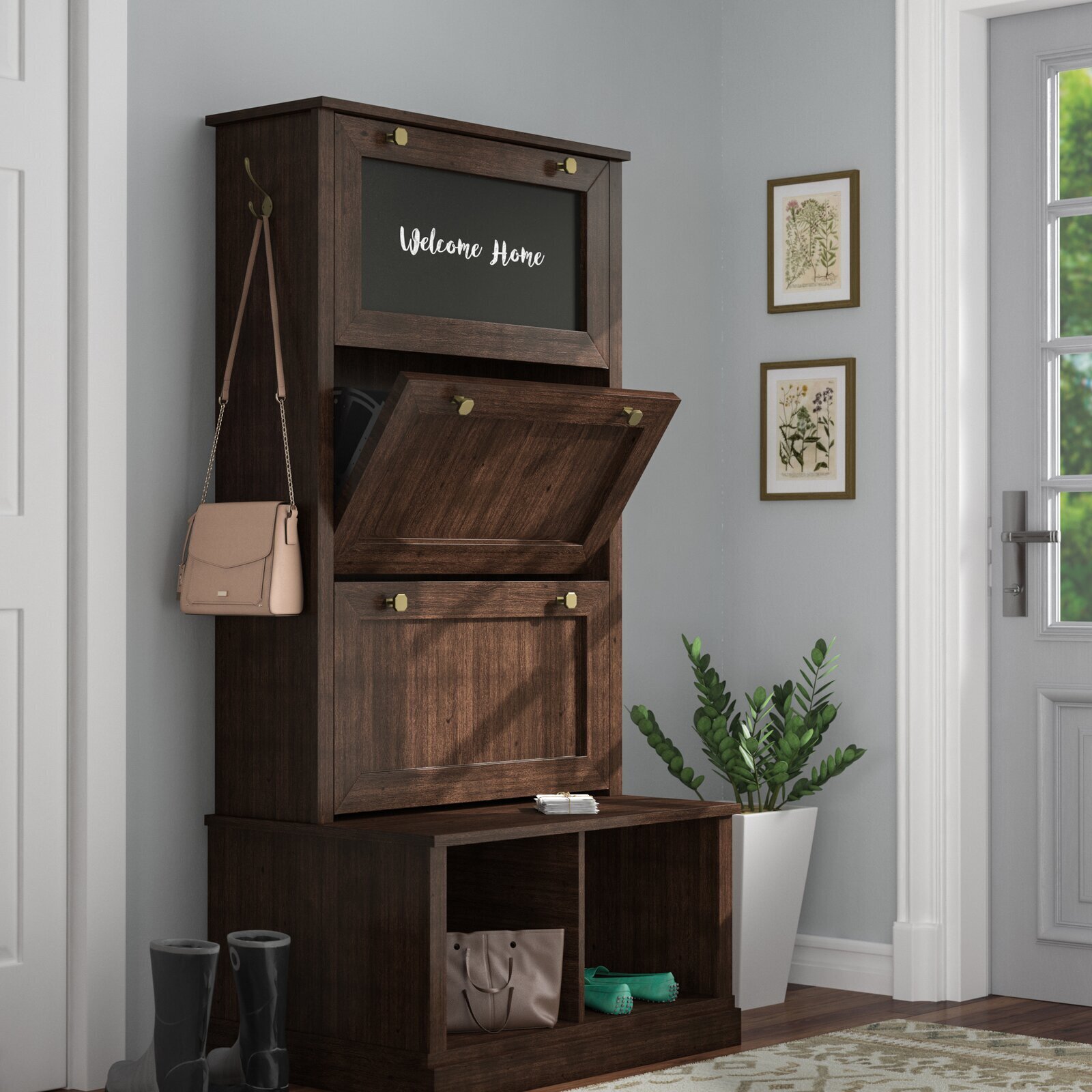 Creative Antique Hall Tree with Bench and Chalkboard