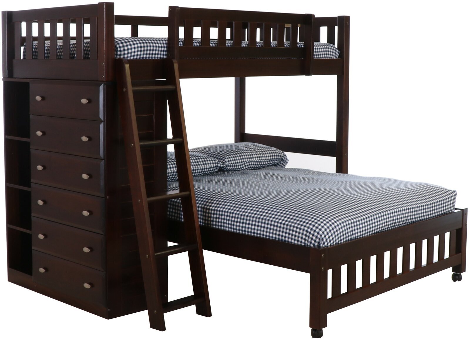 Dark Loft Bed With Bed On Bottom and Storage