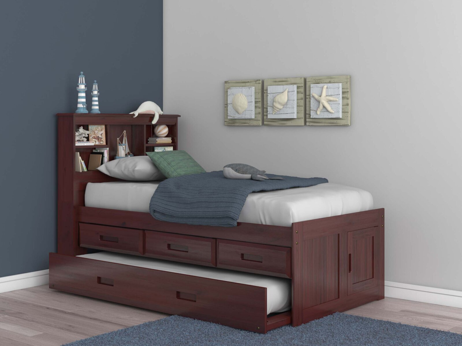 Dark Solid Wood Trundle Bed With Bookcase