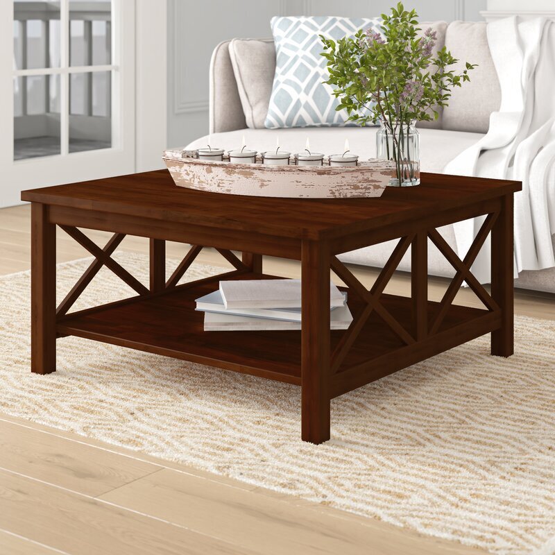 Dark Wood Square Coffee Table With Storage Shelf