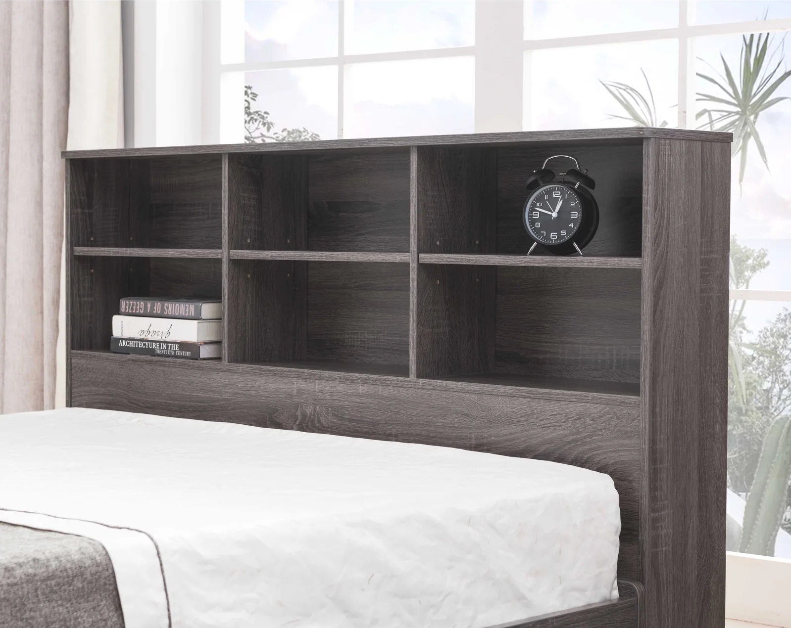 Distressed Grey Headboard With Shelves