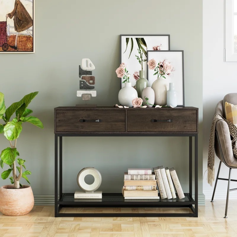 Distressed Wood and Metal Sofa Table