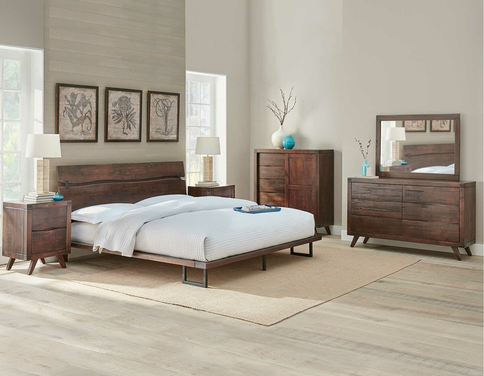 Distressed wood bedroom set in a dark finish