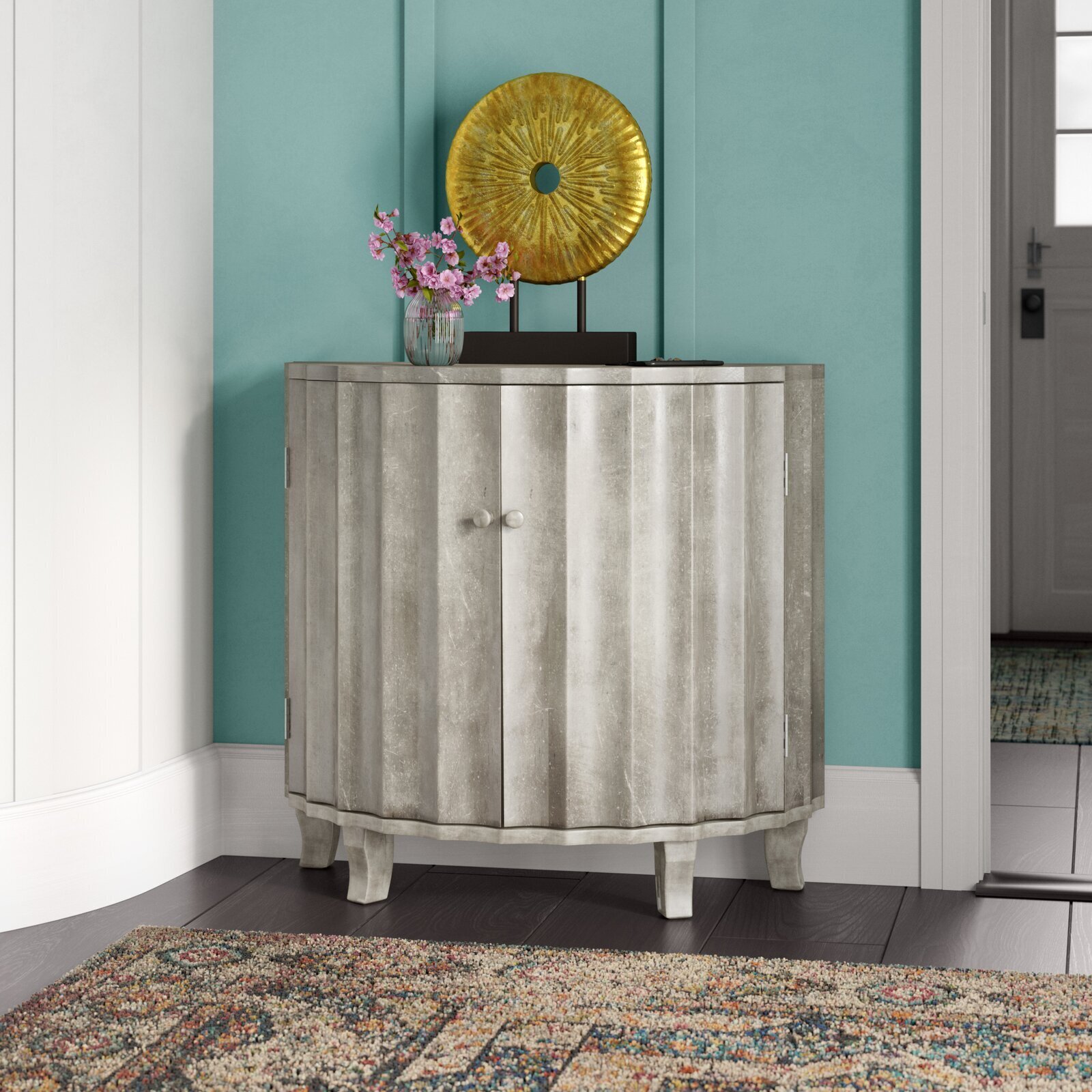 Double Door Silver Leaf Demilune Accent Cabinet