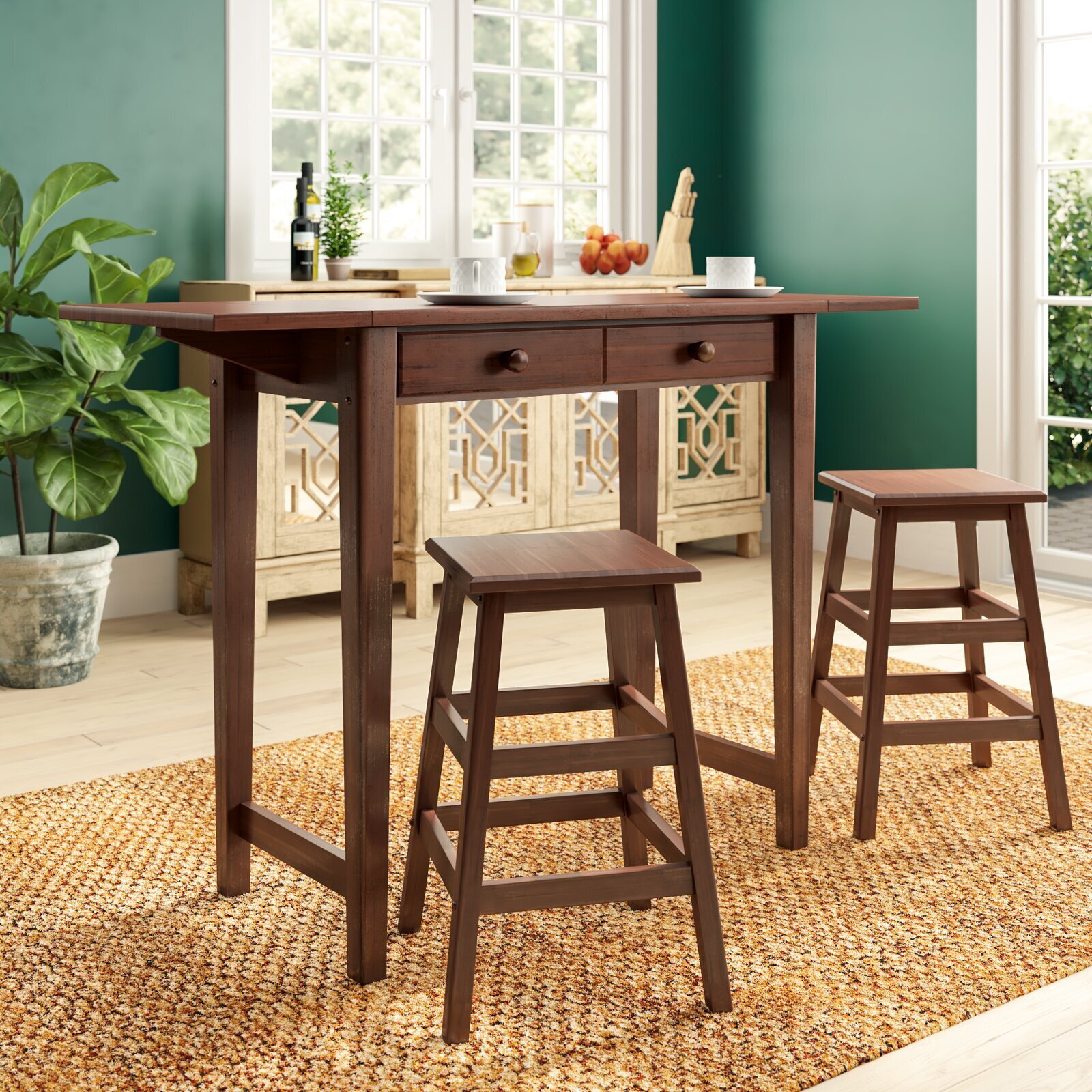 Drop Leaf Desk with Drawers and Chairs