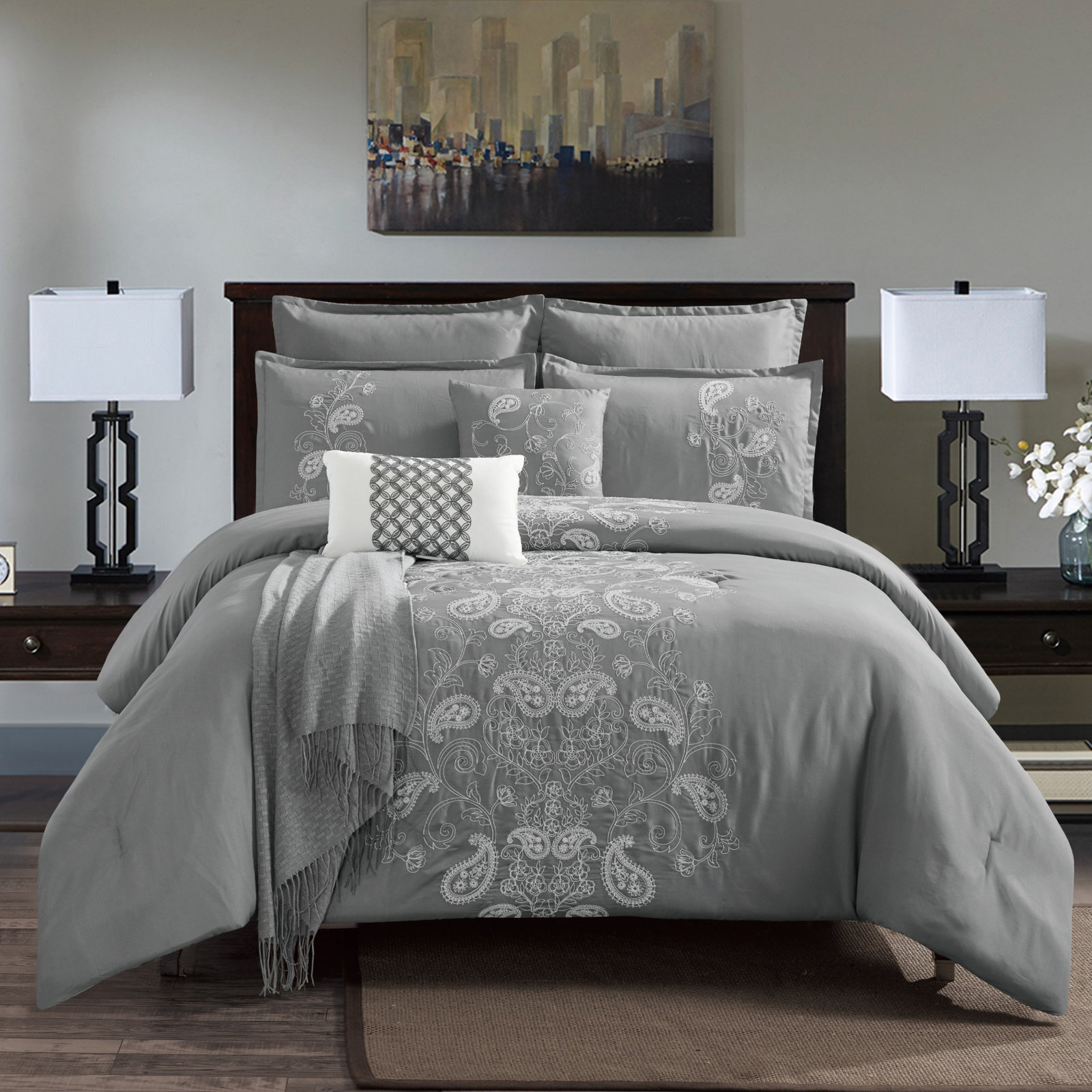 Eight Piece Gray Paisley Comforter Set