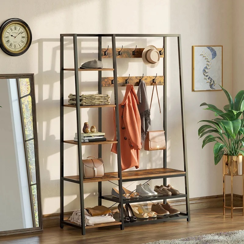 Entryway tree coat rack with open storage