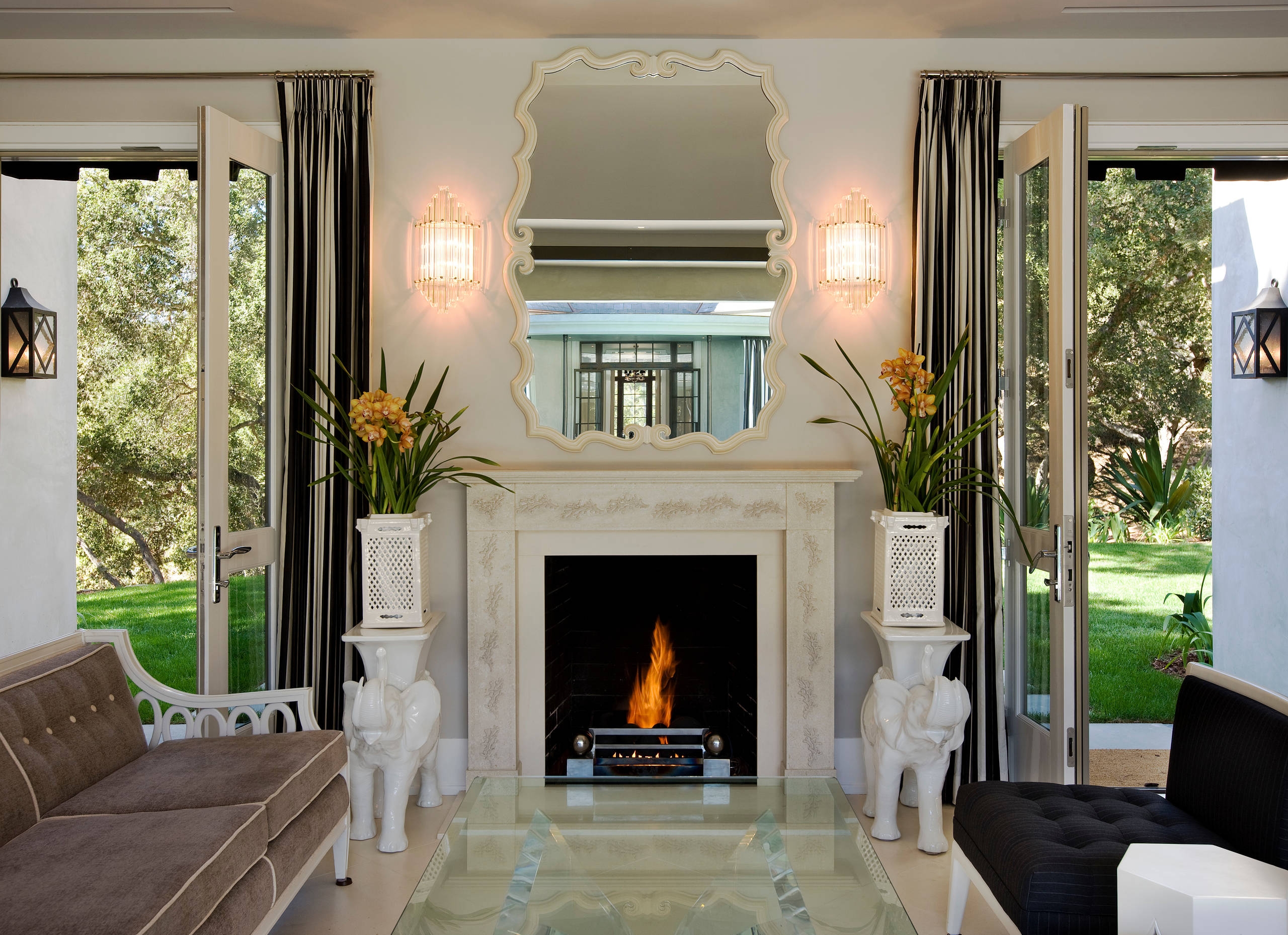 Fireplace with elephant flower pot holders
