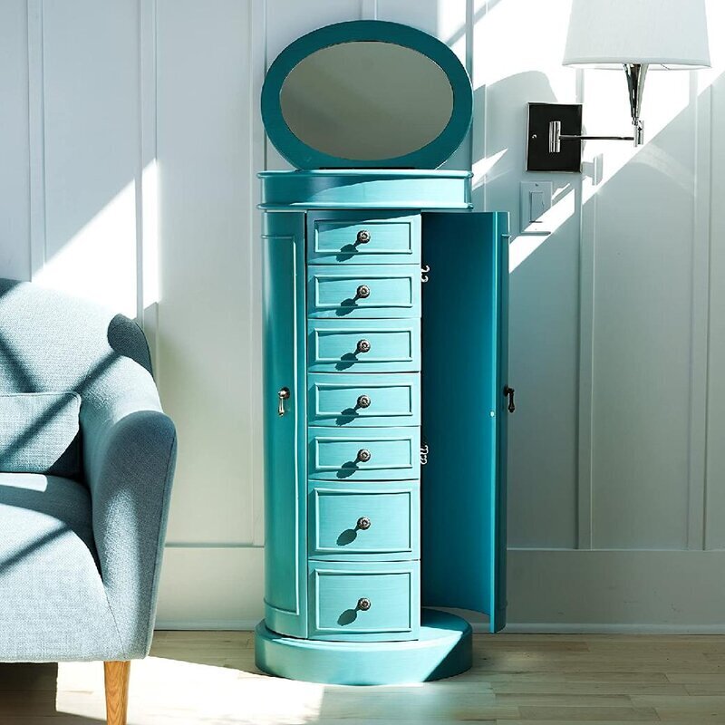 Free Standing Turquoise Jewelry Armoire with Mirror