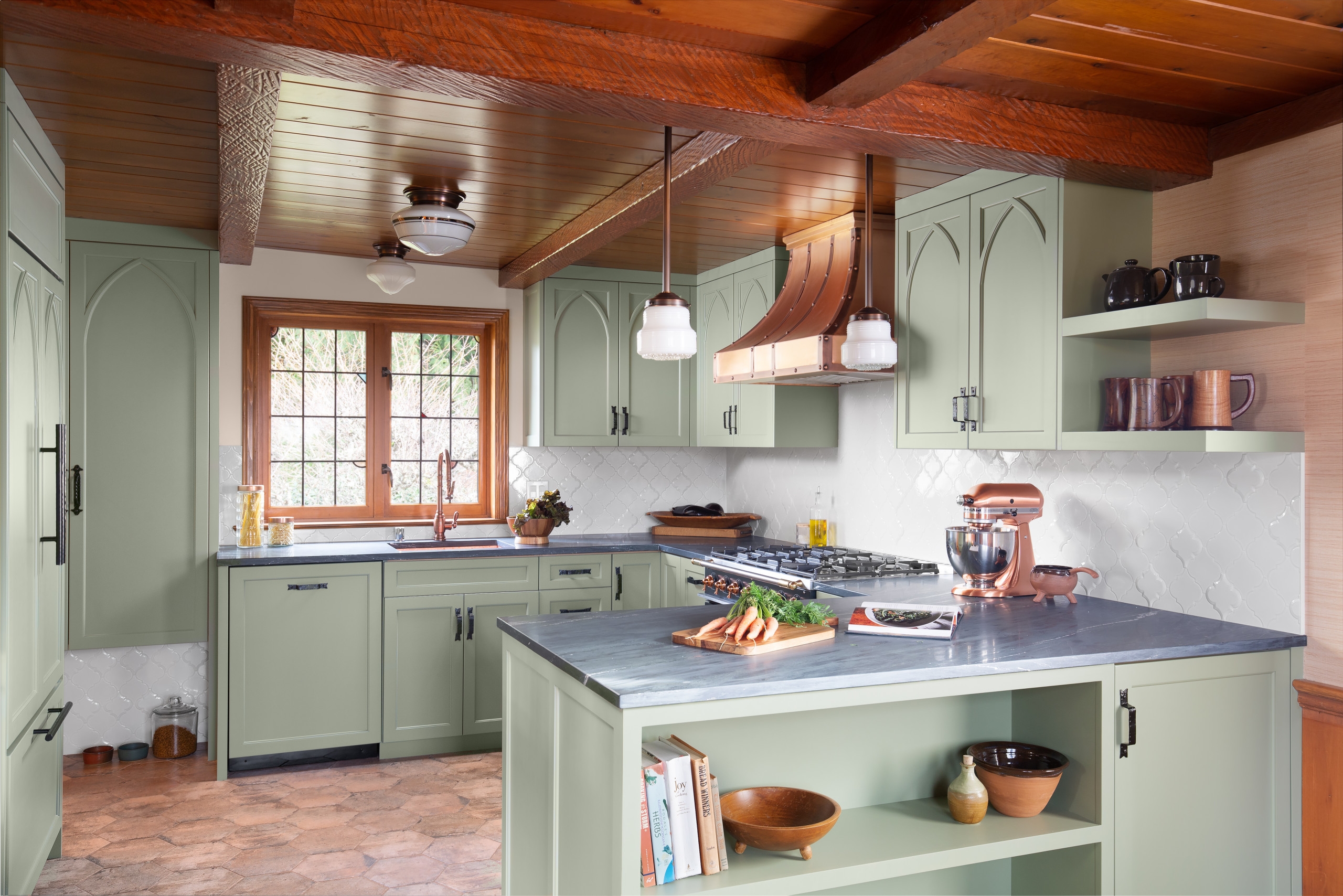 French country kitchen ideas with mint color cupboards
