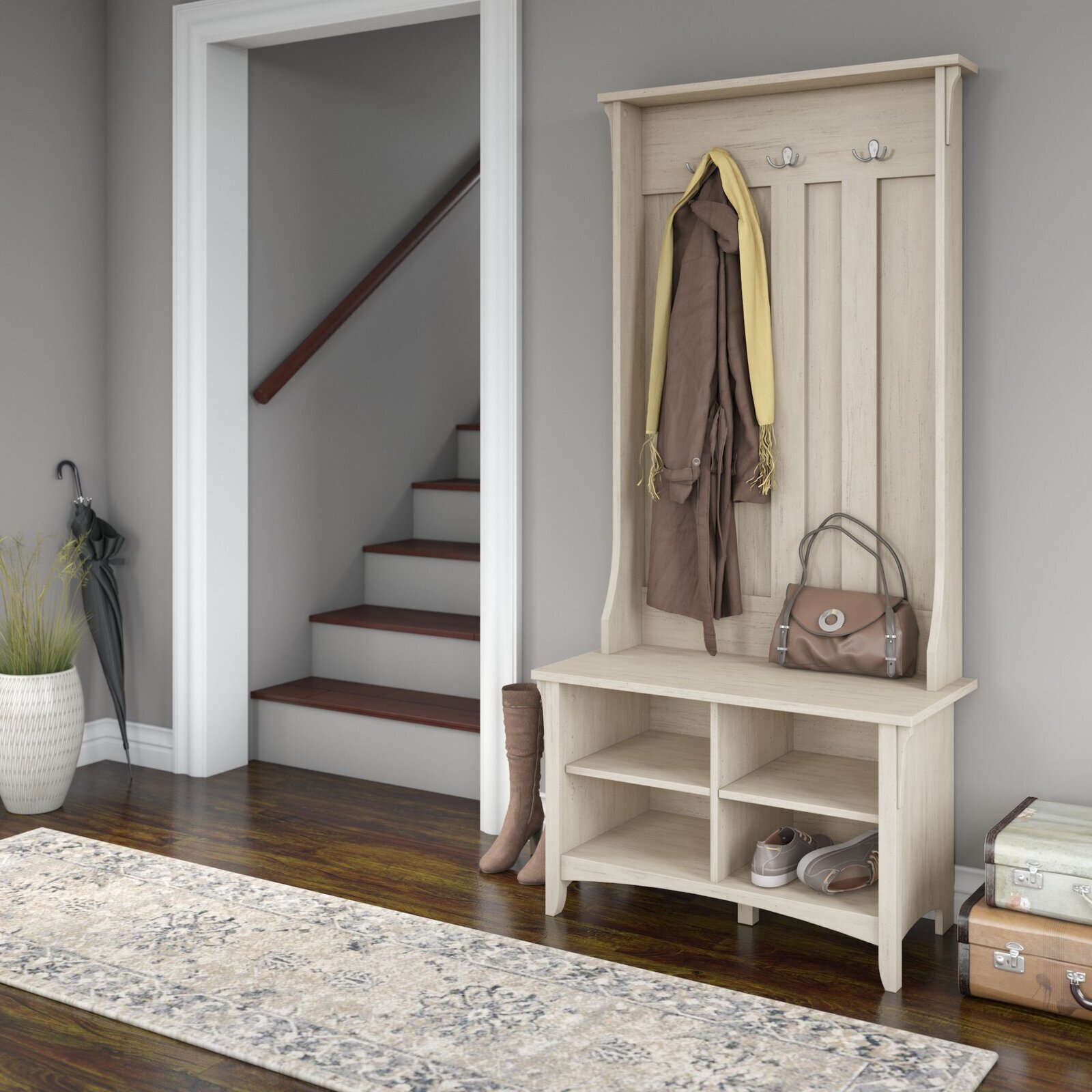 French Country Wood Hallway Coat Tree with Bench