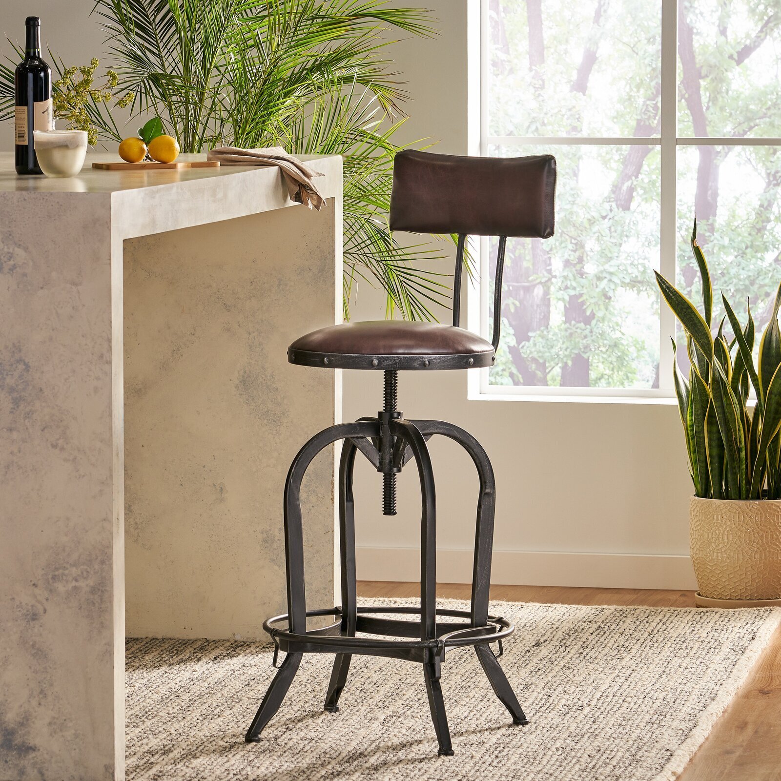 Full Back Adjustable Iron and Leather Bar Stool