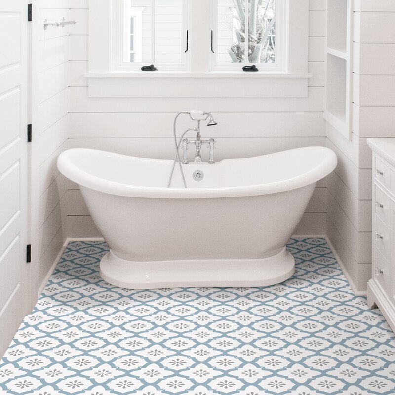 Geometric Blue and White Vinyl Flooring