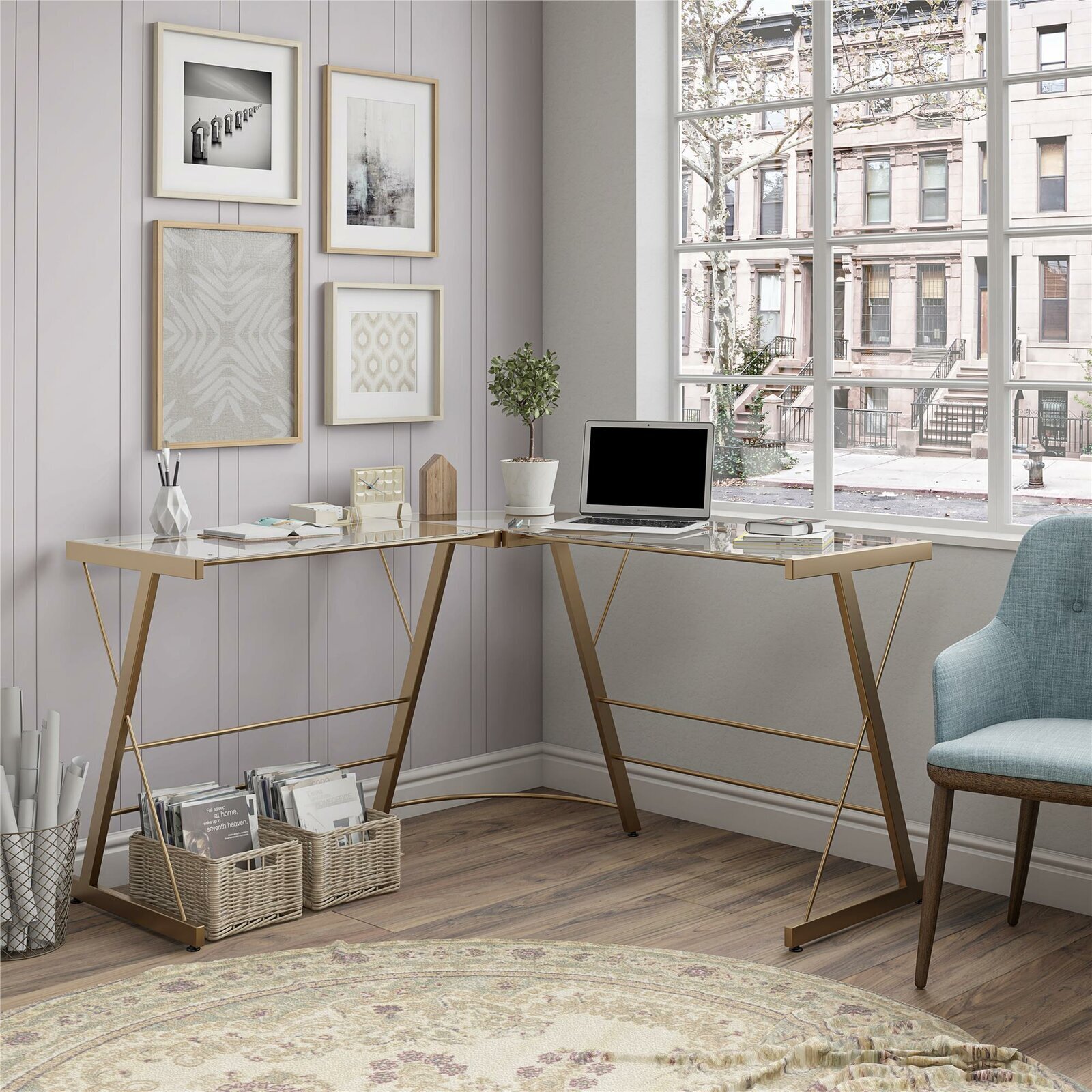 Gold Frame L Shaped Glass Desk 