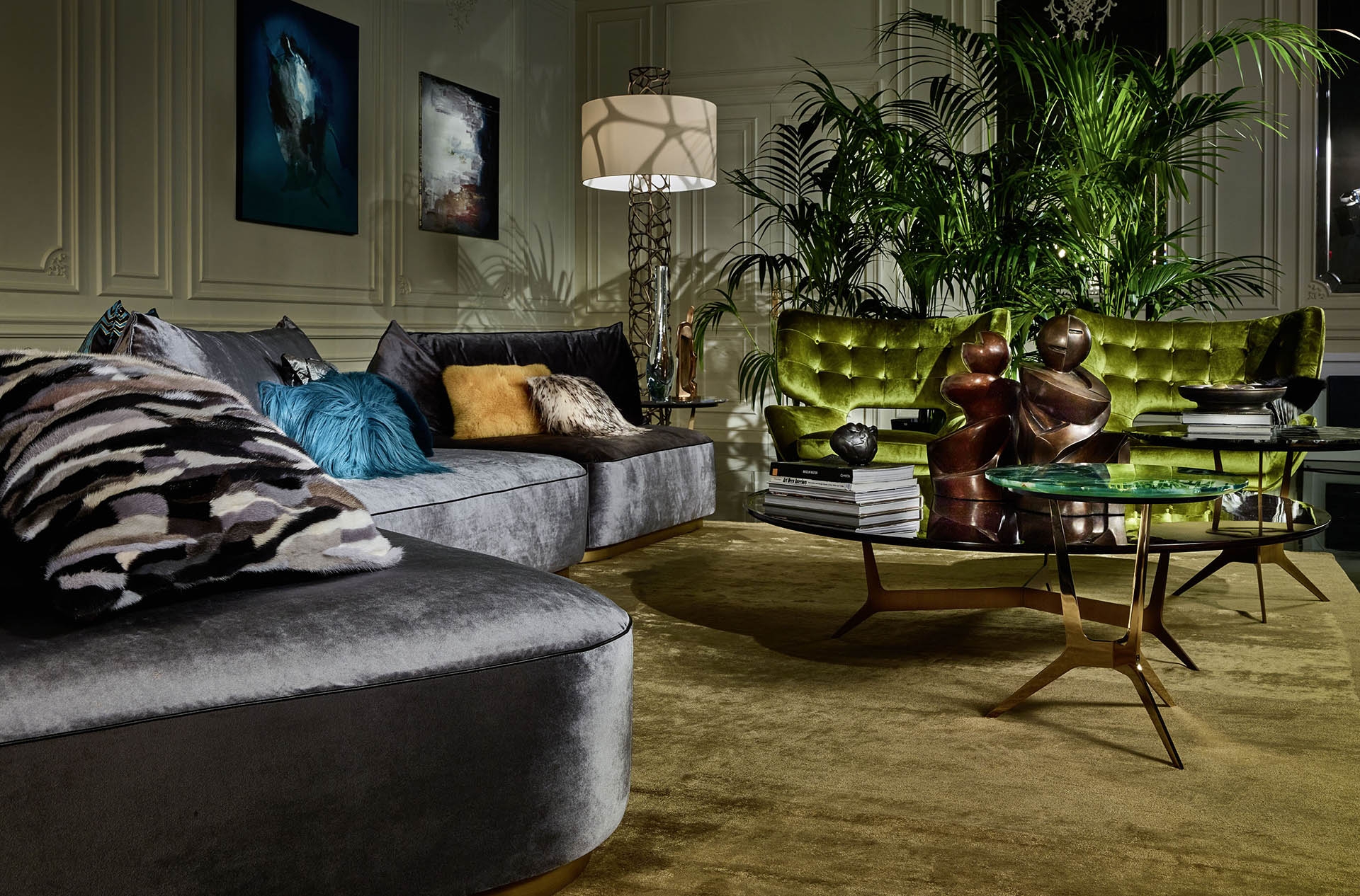 Green Hollywood regency living room idea