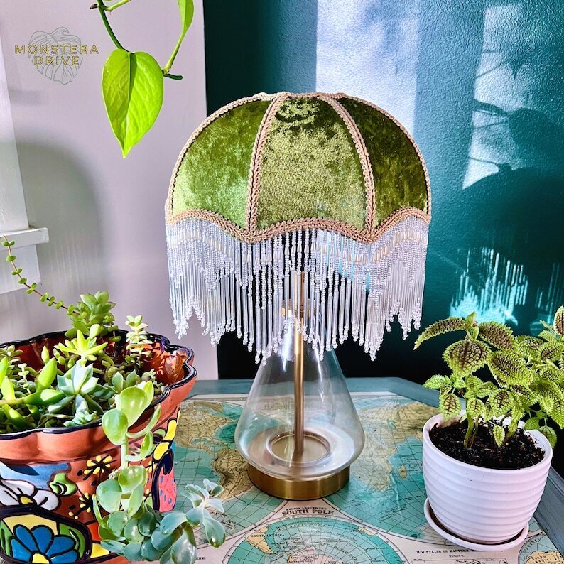 Green Velvet Victorian Beaded Lampshade