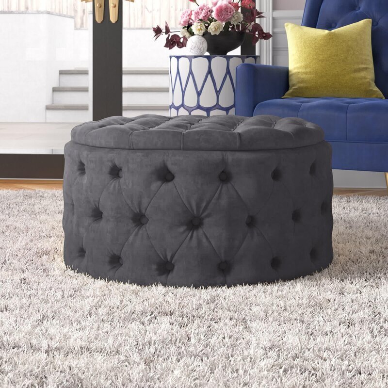 Grey Tufted Round Velvet Ottoman