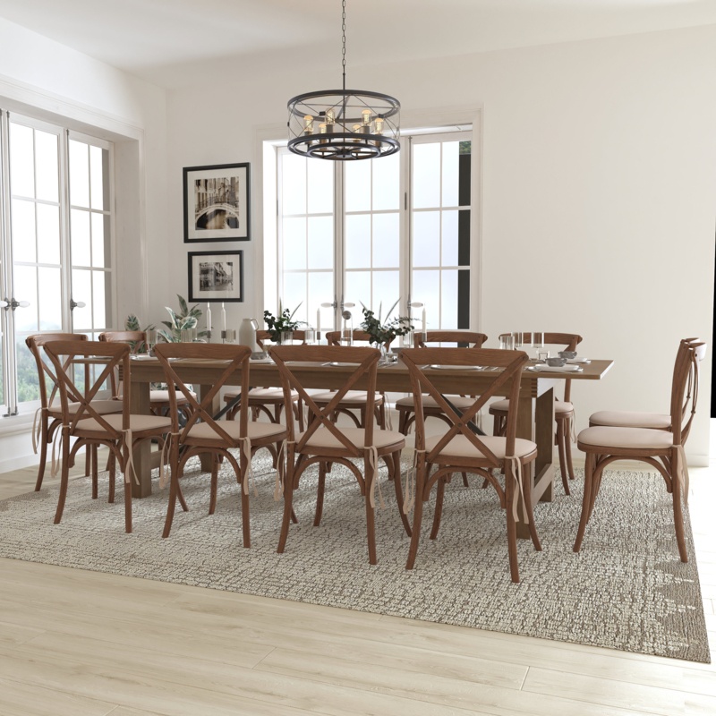 Hercules 9' x 40" Rustic Folding Farm Table Set with 12 Cross Back Chairs and Cushions