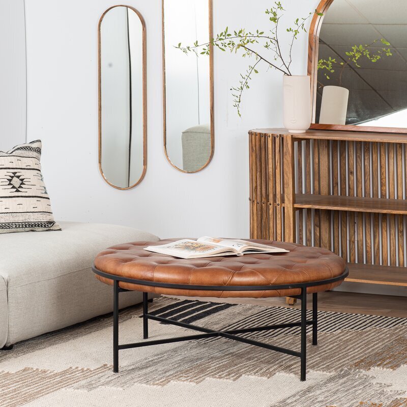 Industrial Style Large Round Leather Ottoman