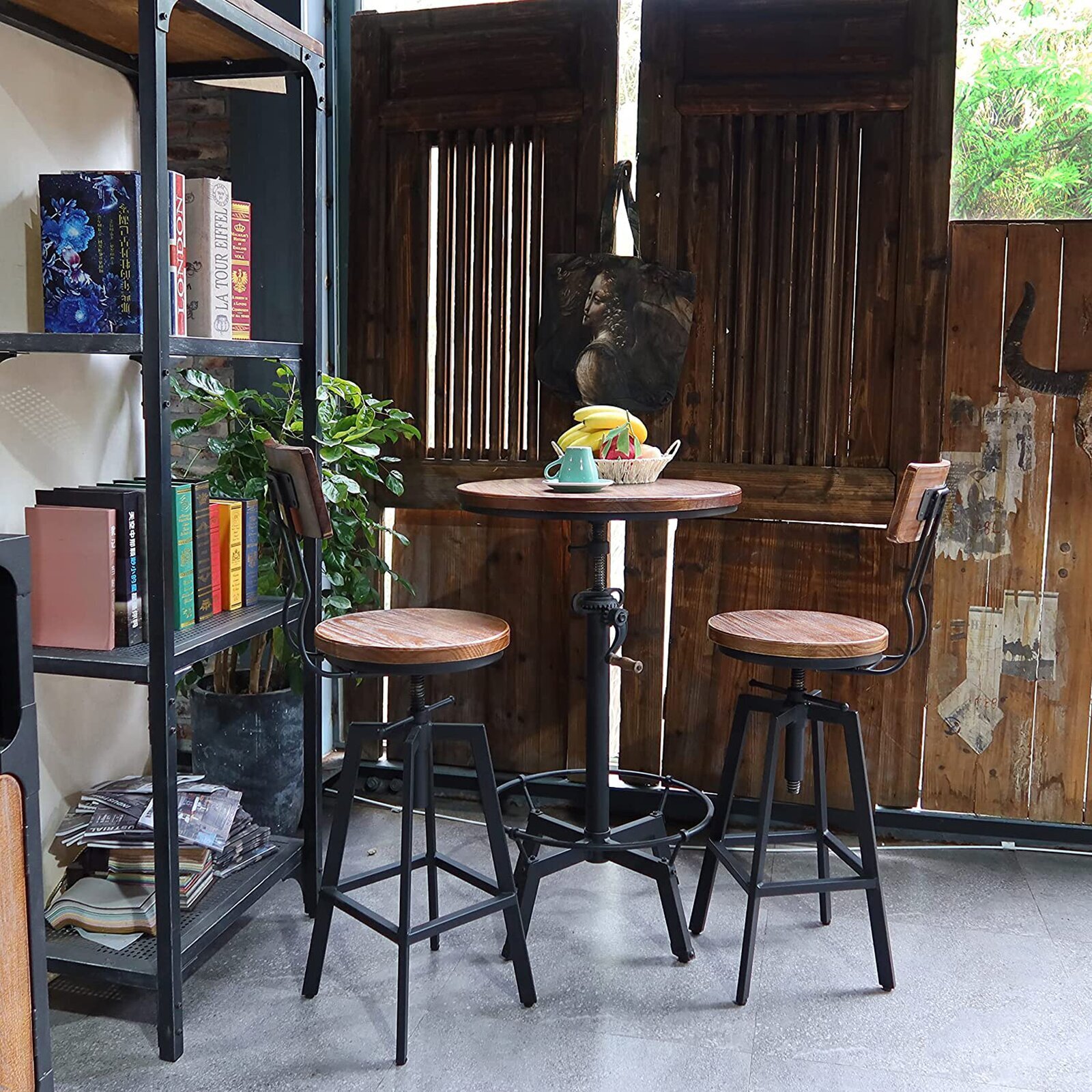 Iron and Wood Bar Style Breakfast Nook Set