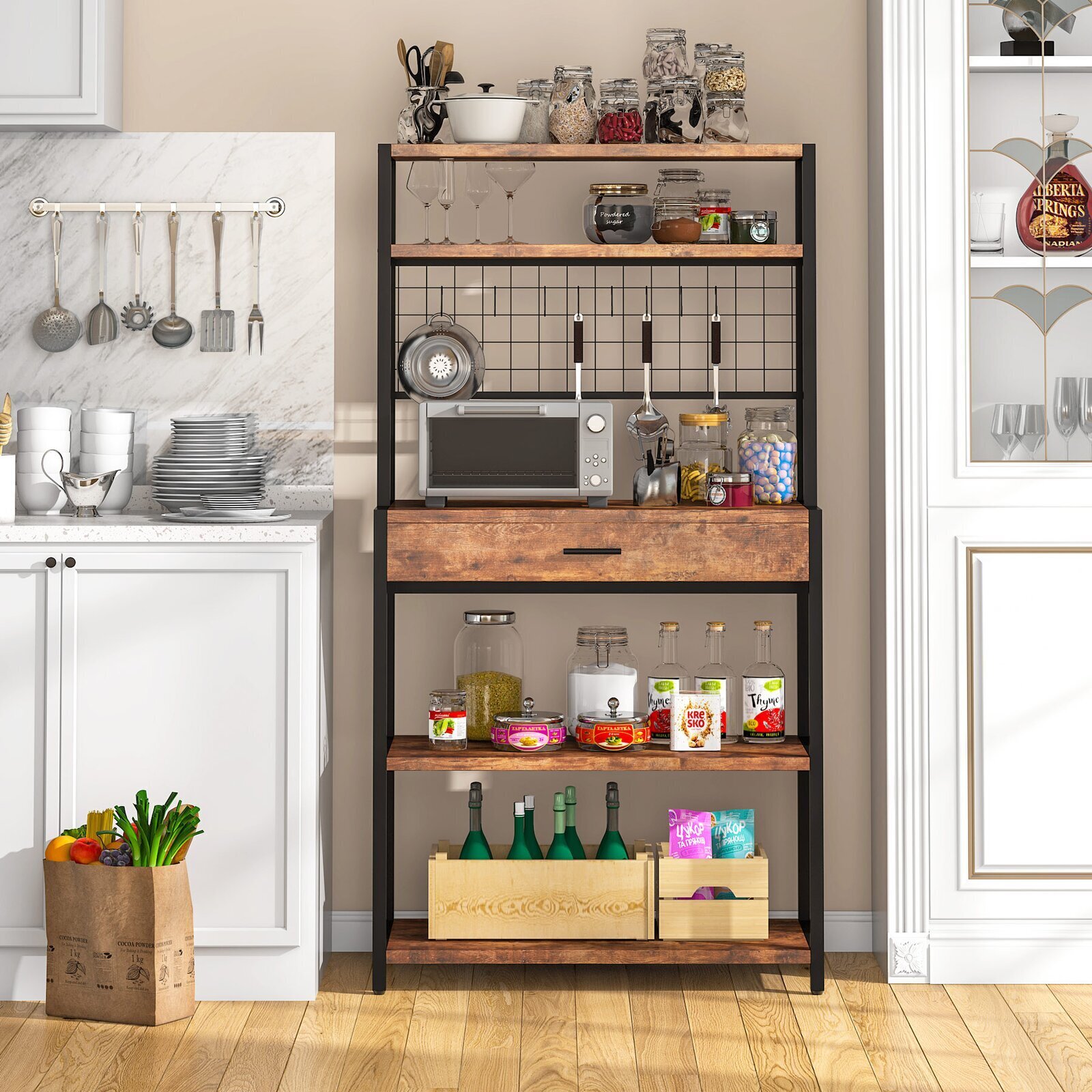 Iron and Wood Microwave Bakers Rack