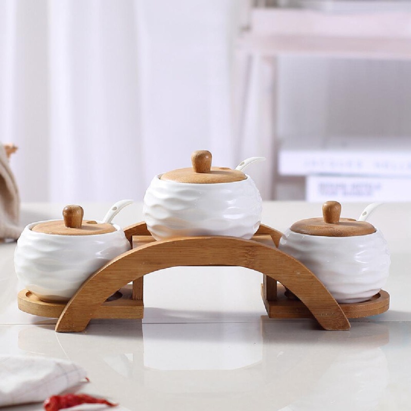 Kitchen Arch Bridge Glass Ceramic Bamboo Seasoning 3 Jar Spice Jar & Rack Set