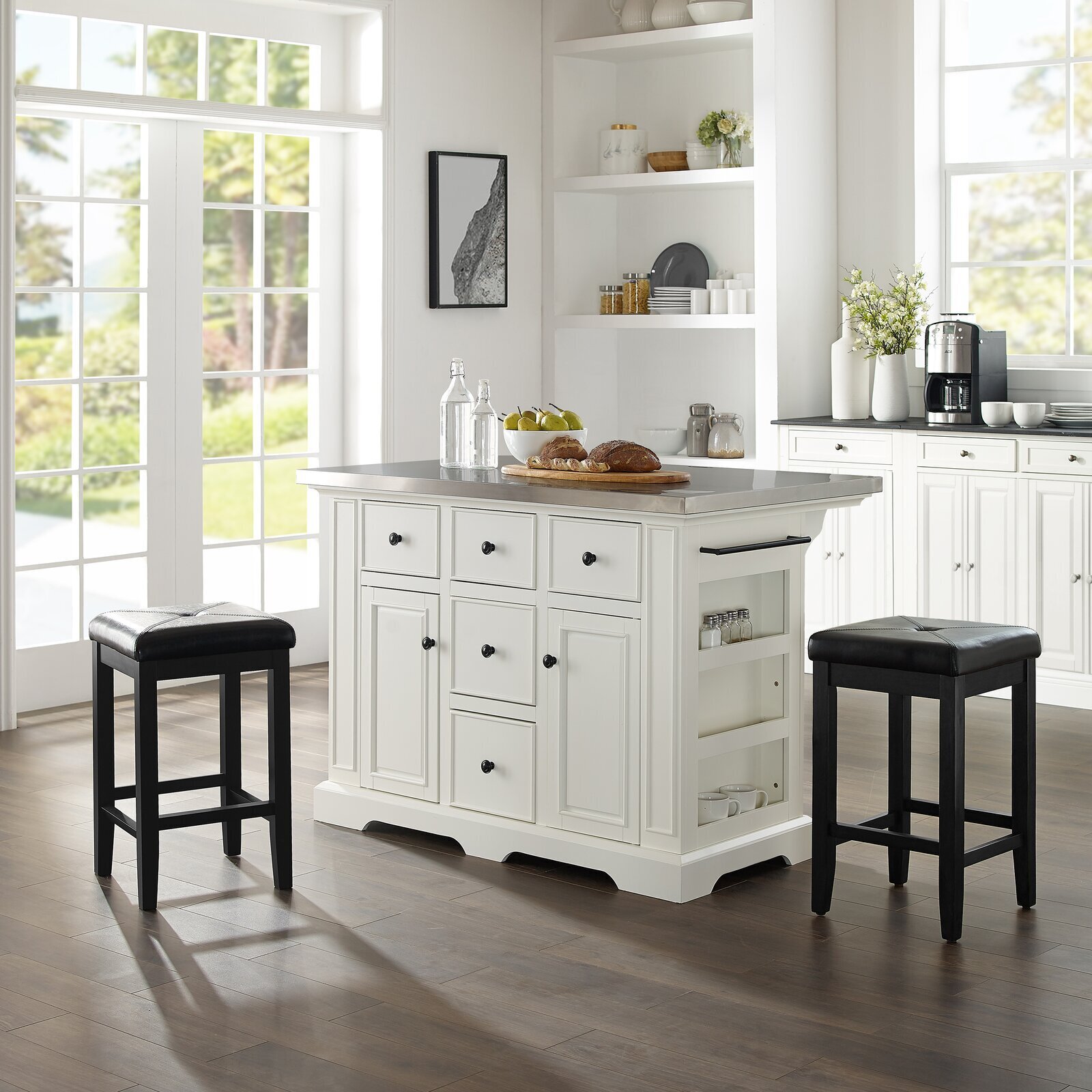 Kitchen island with stainless steel top and seating