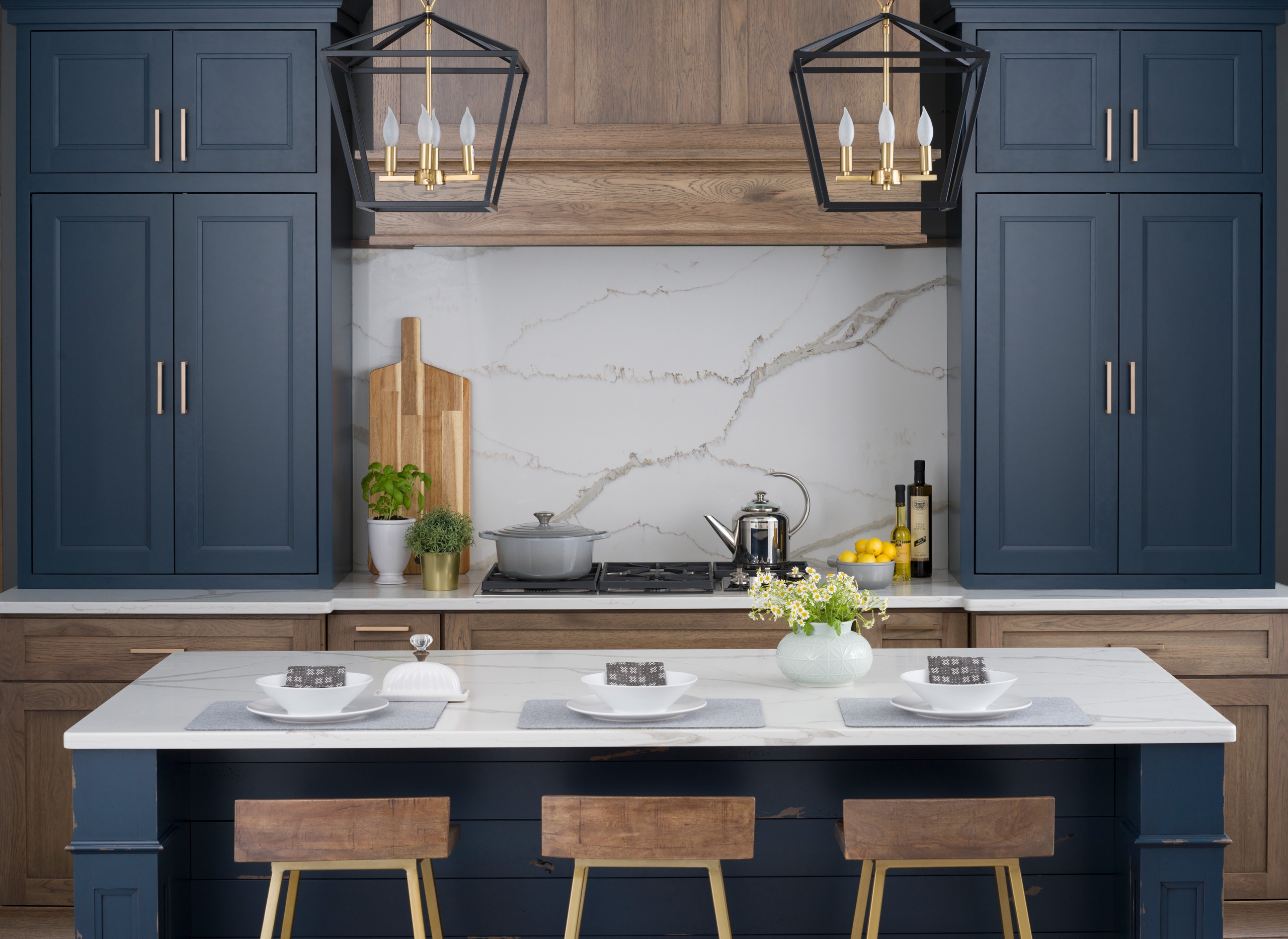 Kitchen With Blue Cabinets And Island