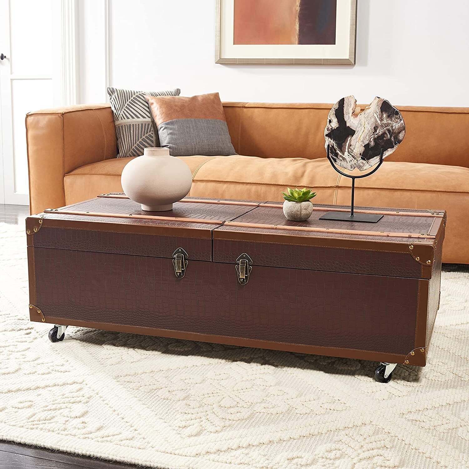 Large Rectangle Leather Trunk End Table