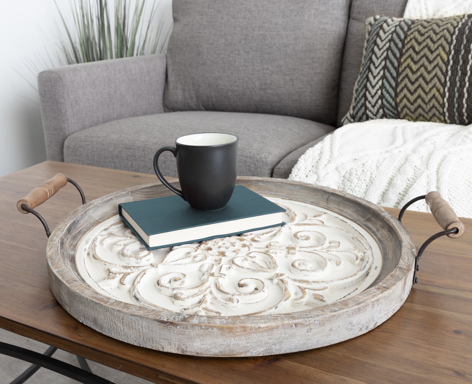 Large Round Rustic Tray for Ottoman