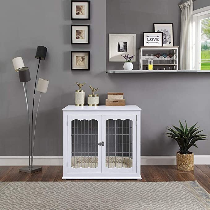 Large White Dog Crate Nightstand With Cushion