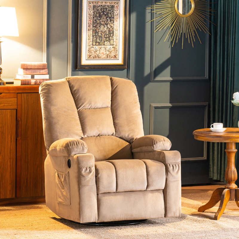 Latitude Run® Manual Swivel Glider Rocker Recliner Chair With Massage And Heat, USB Ports, Cup Holders And Side Pockets, Fabric 6381(Dark Brown)