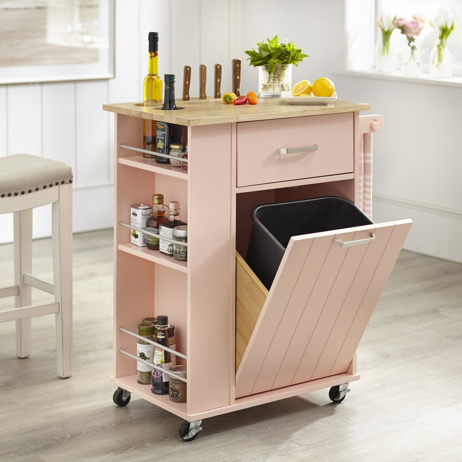 Light Pink Kitchen Cart With Trash Bin