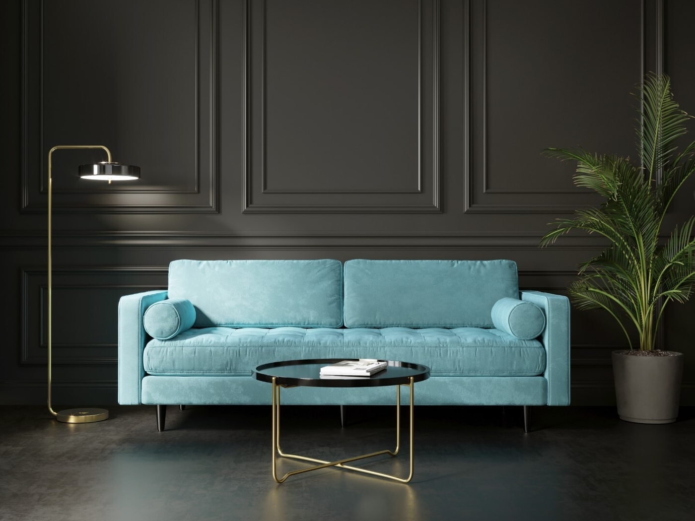 Living room with a turqoise sofa