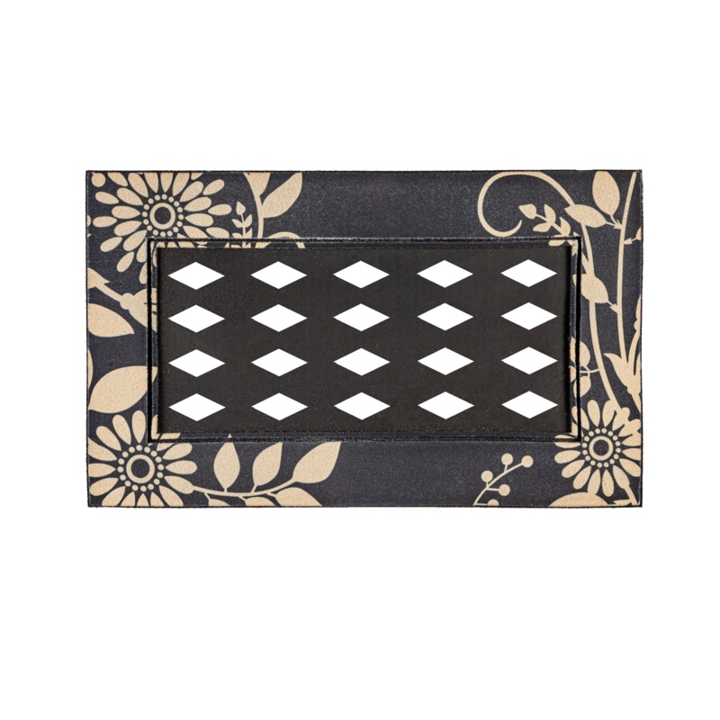 Lorilynn Black Floral Flocked Sassafras Tray 18" x 30" Non-Slip Outdoor Door Mat
