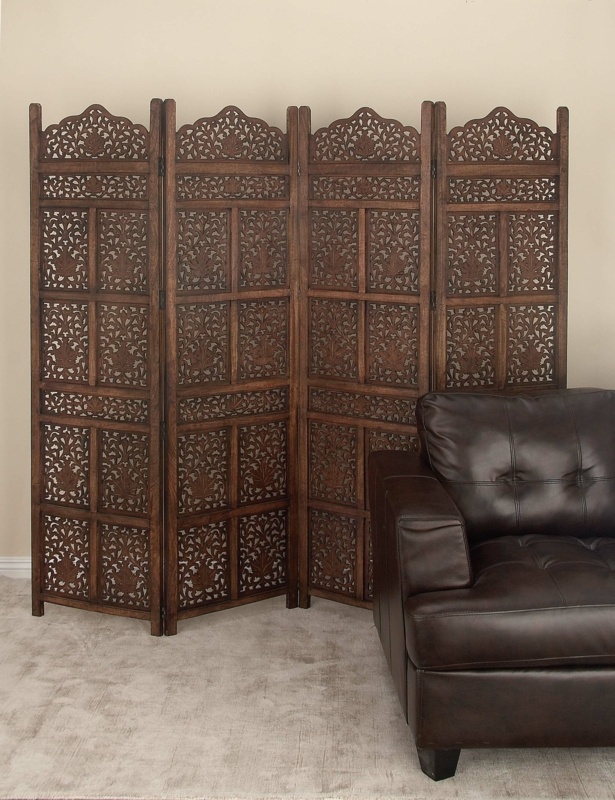Madalyn Brown Wood Handmade Hinged Foldable Partition 4 Panel Floral Room Divider Screen