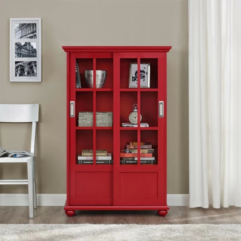 Manufactured Wood Bookshelf With Sliding Glass Doors