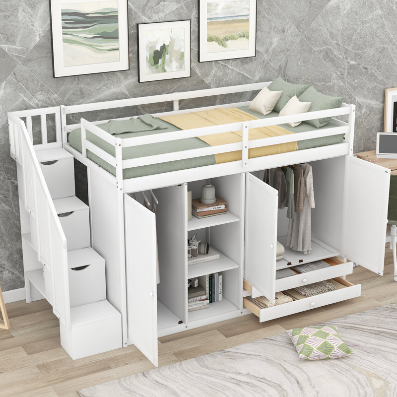 Manufactured wood loft bed with stairs and storage