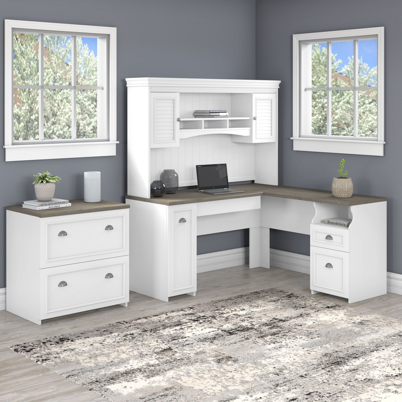 Marble White 3 Piece L Shape Desk With Hutch 