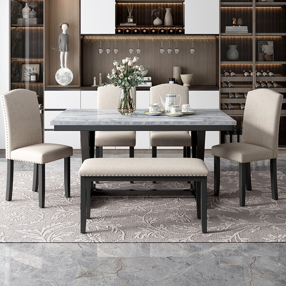 Marbled Kitchen Table and Chairs and Bench