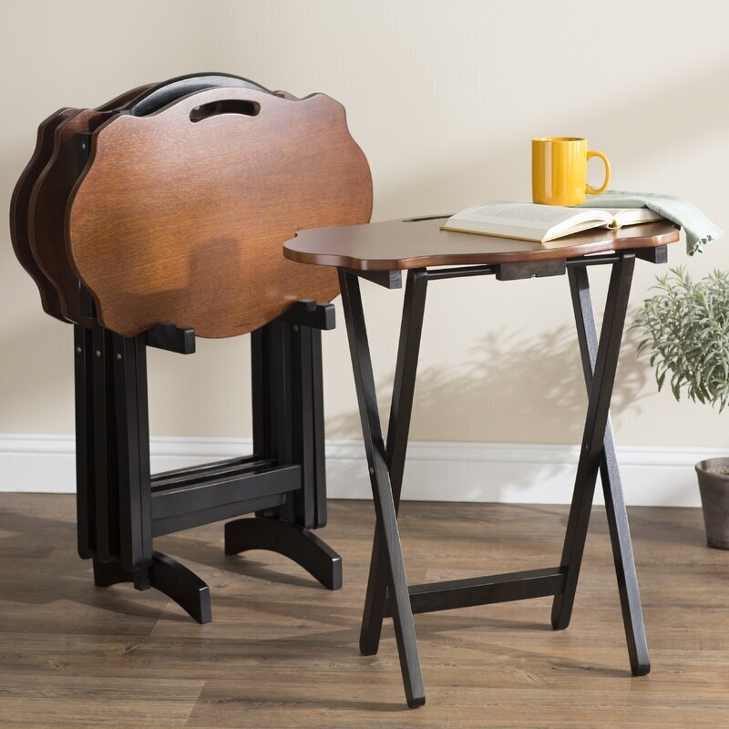 Medallion Shaped Four Piece Wooden Folding TV Trays