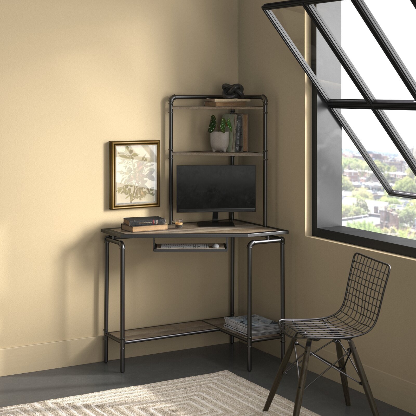 Metal And Oak Corner Desk 