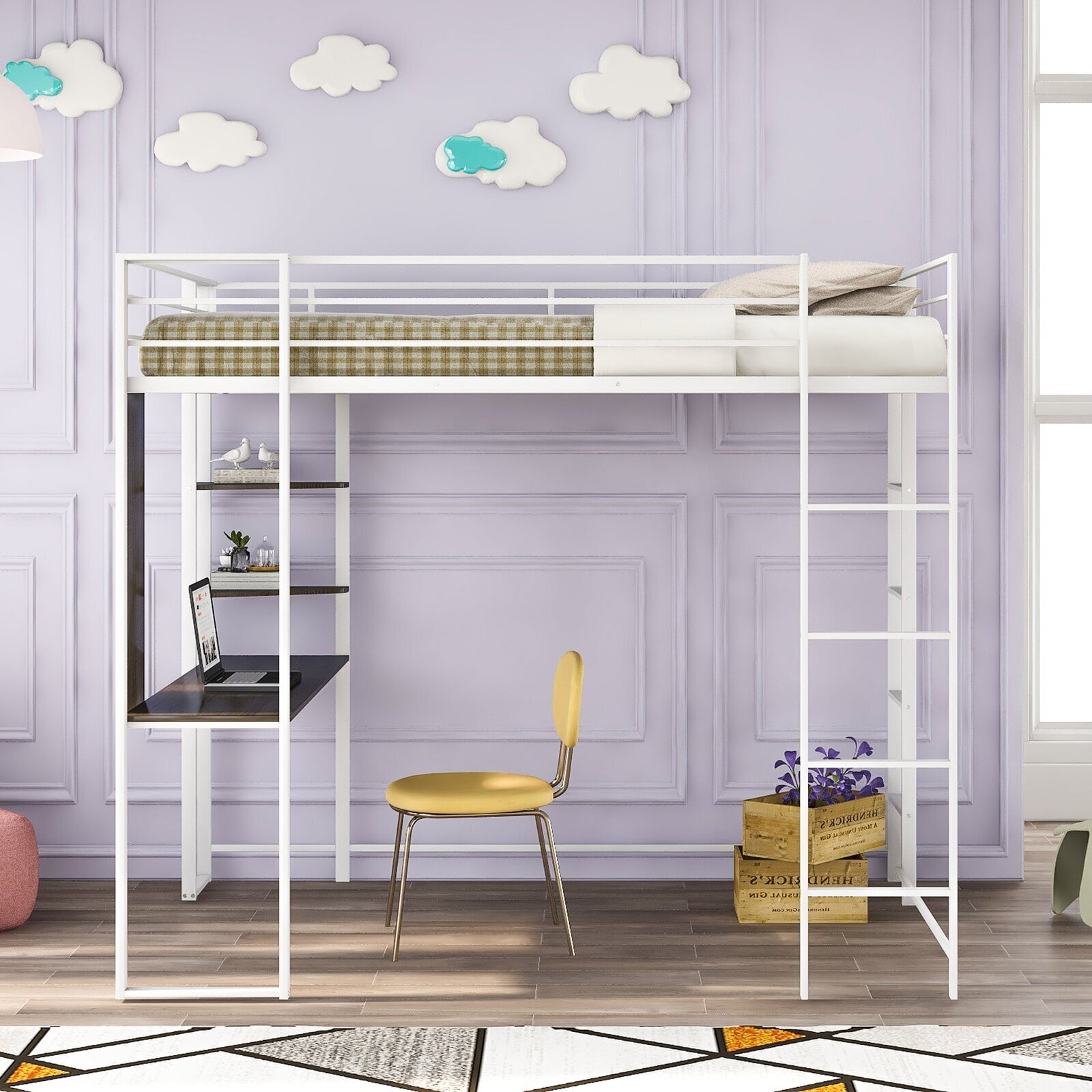 Metal Loft Bed with Built in Desk and Bookcase