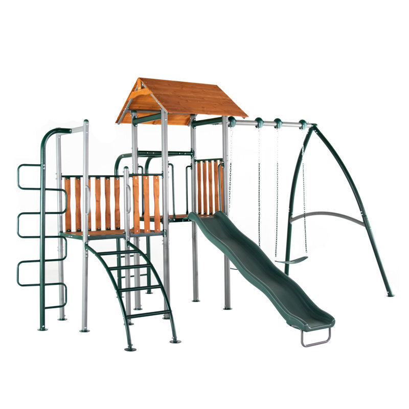 Metal swing set with monkey bars