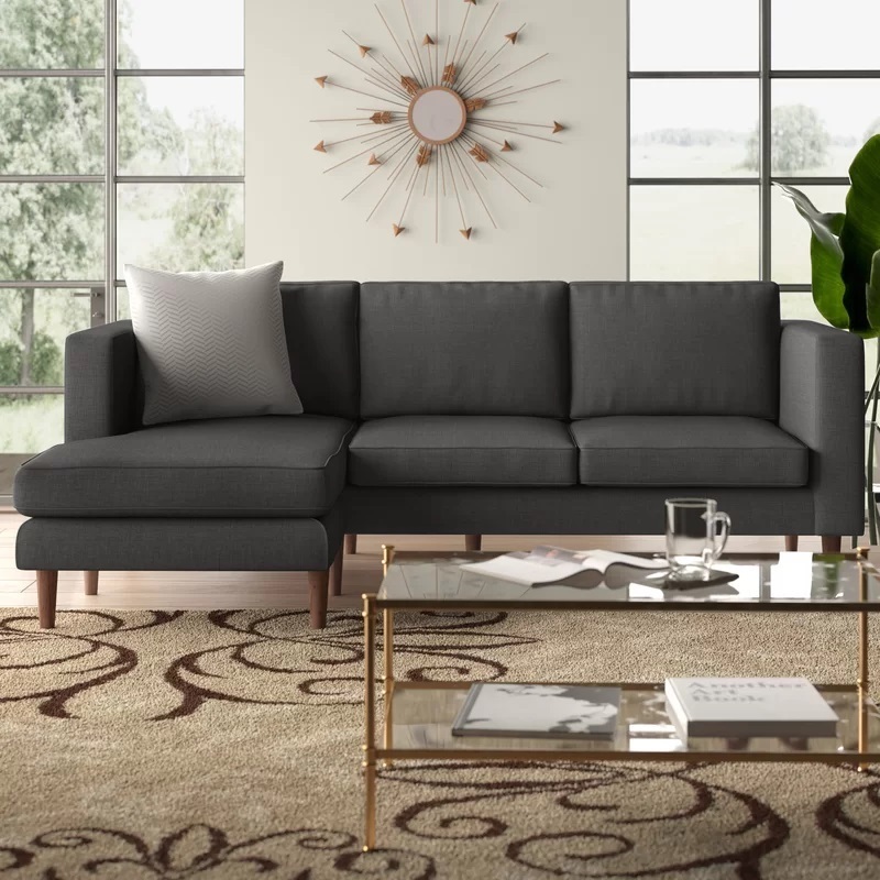 Mid century modern charcoal gray sectional sofa with chaise lounge