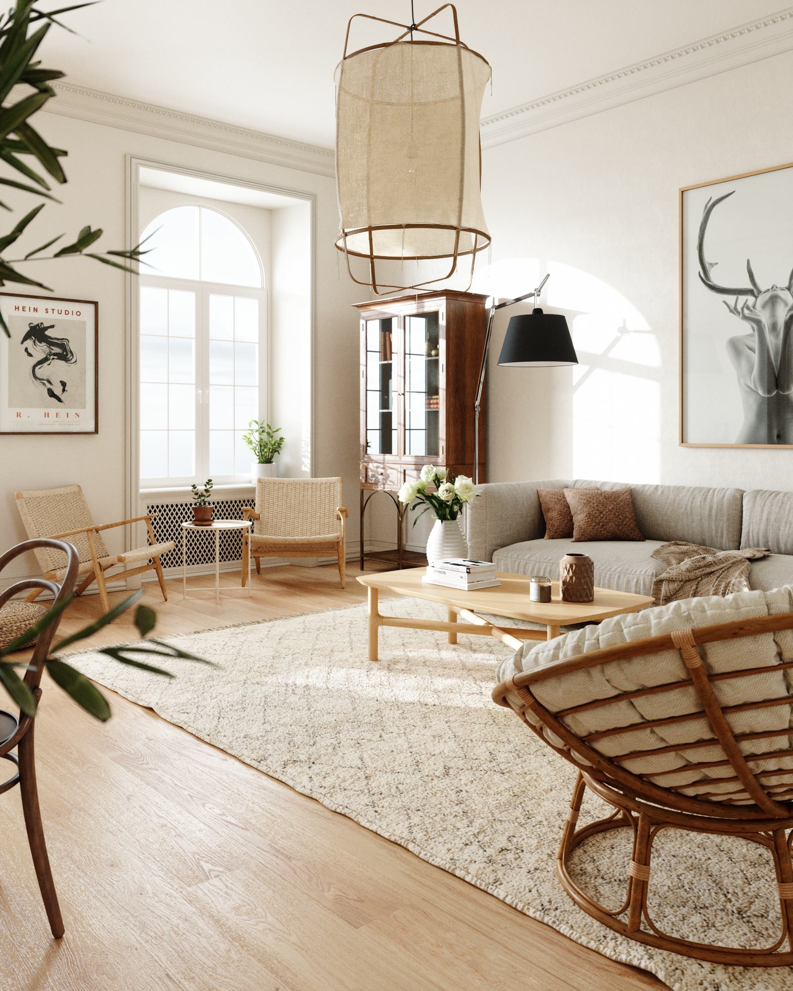Minimalist bohemian living room with Scandi influences