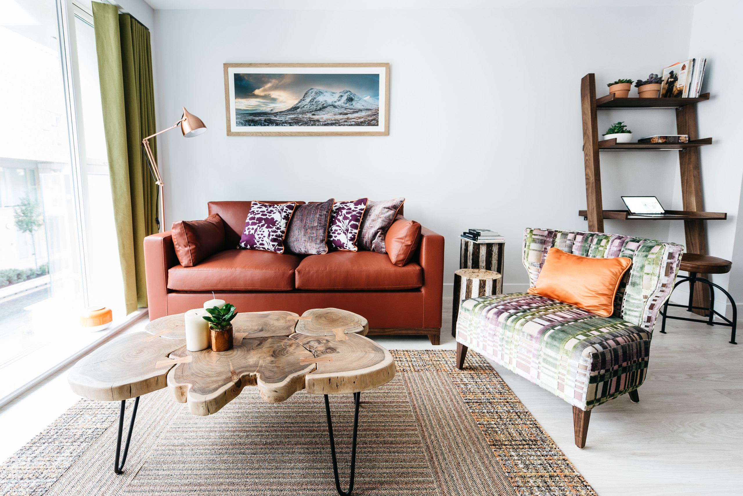 Modern living room with raw wood coffee table