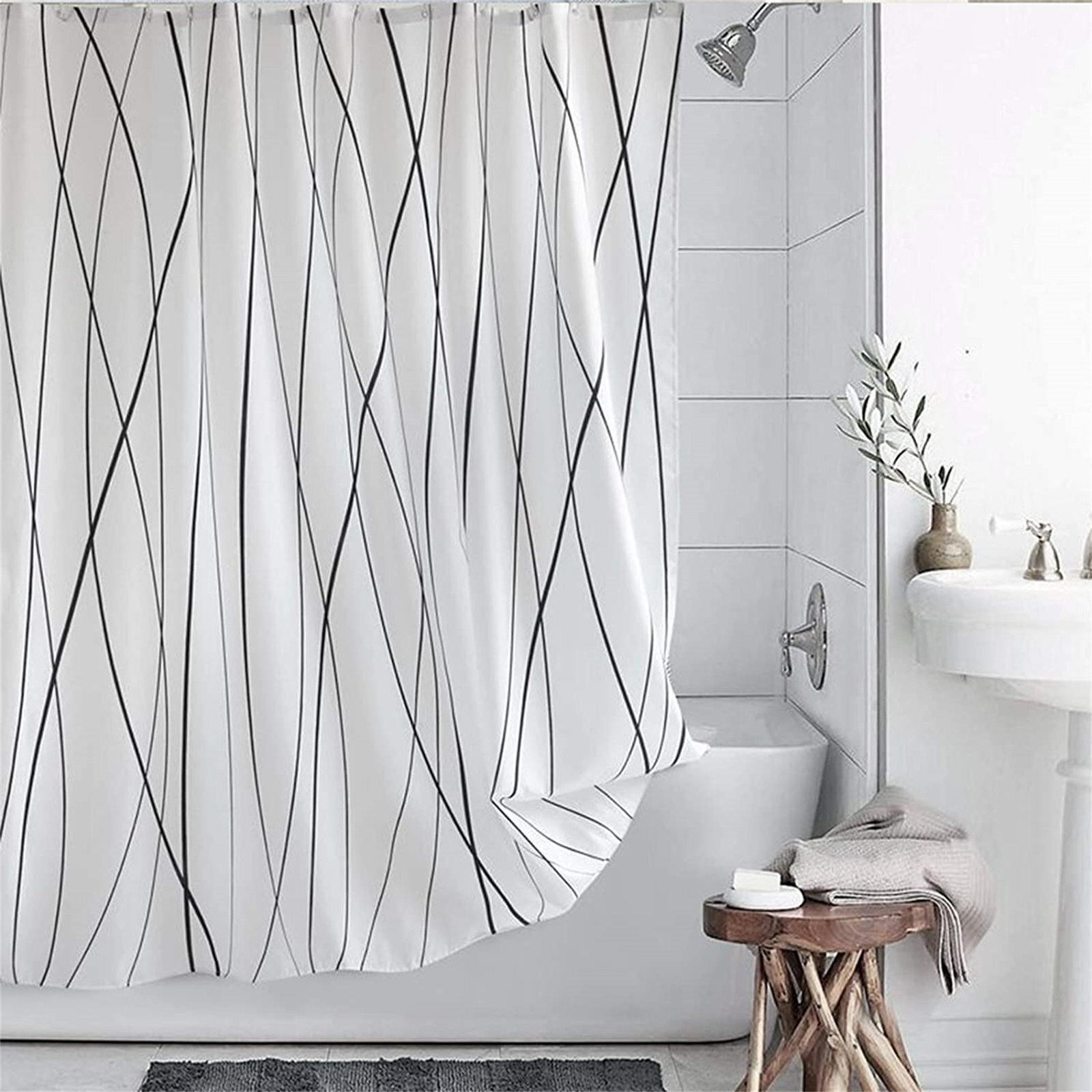 Monochromatic shower curtain with curved lines